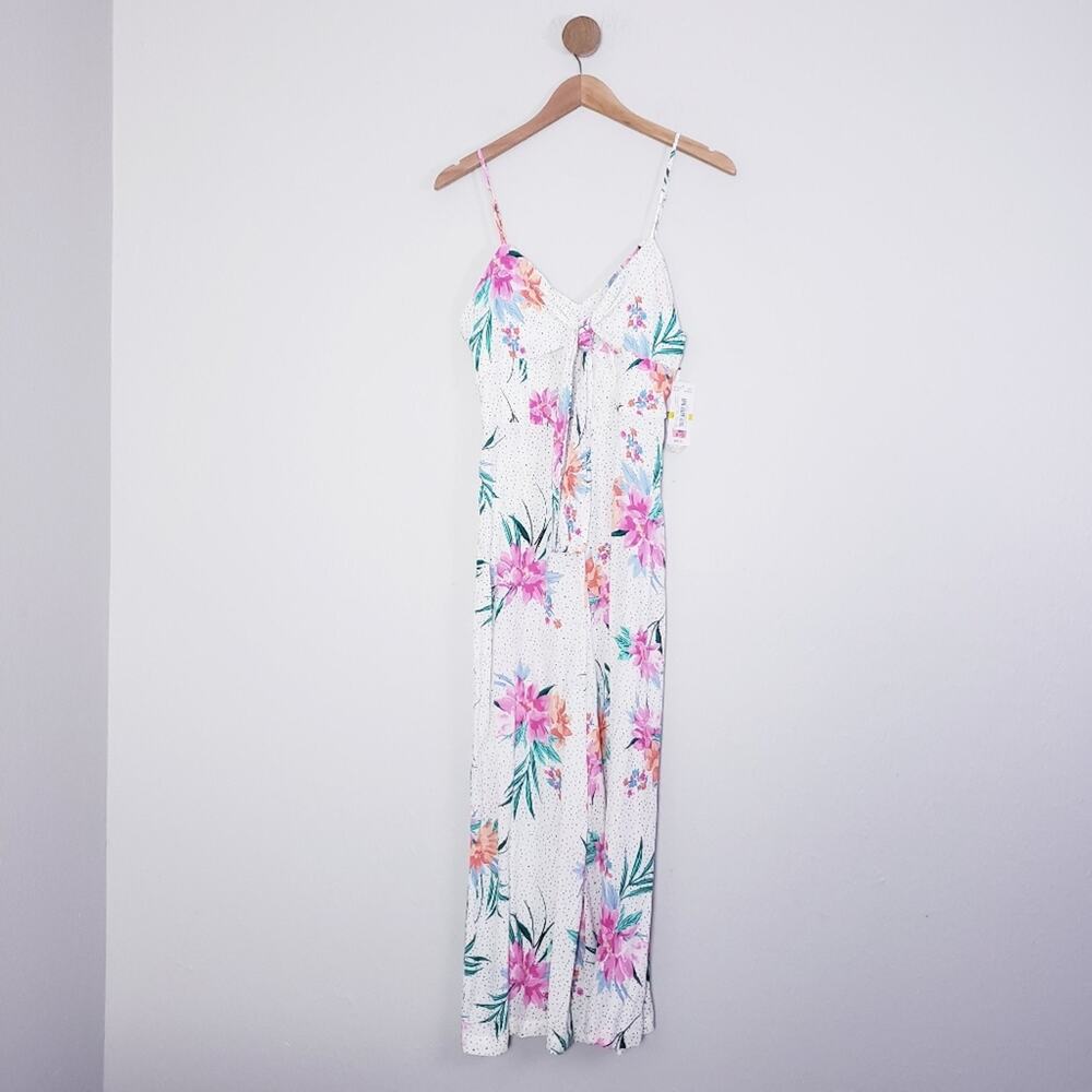 NWT Gianni Bini Tropical Floral Polka Dot Wide Leg Jumpsuit White Medium V-Neck - Picture 3 of 14